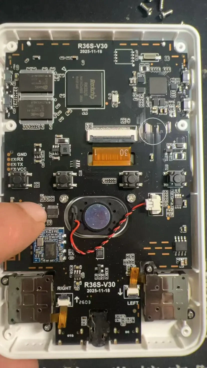 Photograph of an R36S V30 main board with the shell open; the silkscreen reads R36S-V30 and 2025-11-18