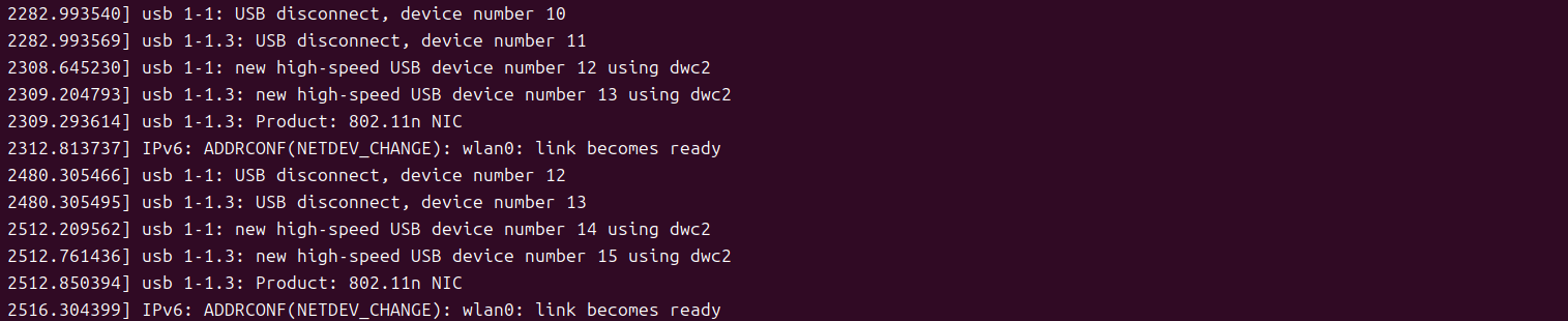 Kernel log lines showing two complete cycles: usb 1-1 and usb 1-1.3 disconnect together, then usb 1-1 and usb 1-1.3 re-enumerate on dwc2, the 802.11n NIC is reported again, and wlan0 link becomes ready