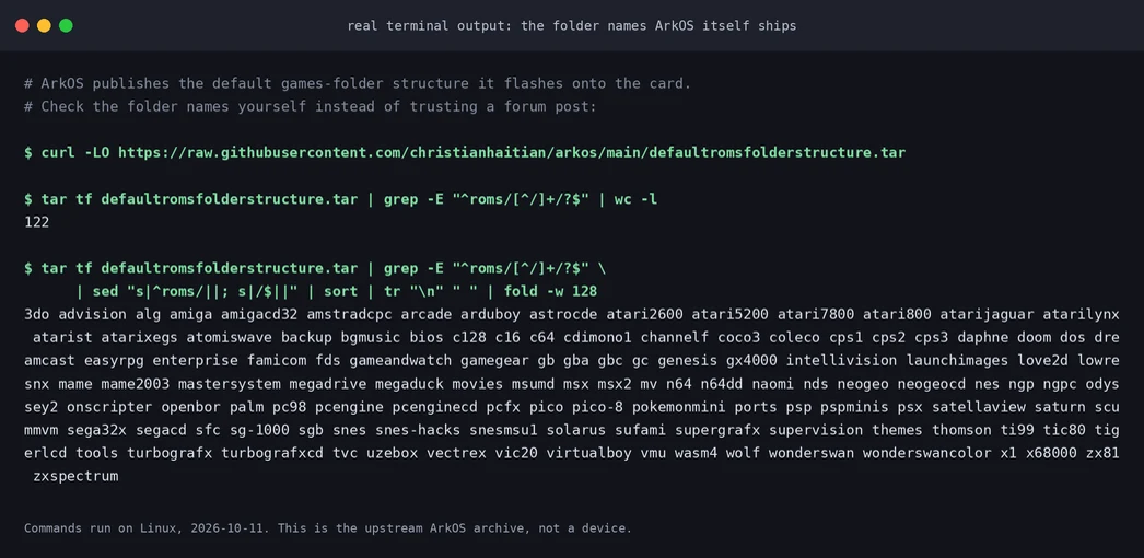 Terminal output listing the 122 default game folders shipped in the ArkOS roms folder structure archive