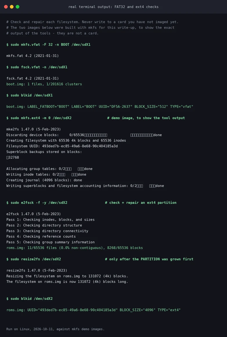 Terminal output of fsck.vfat, e2fsck and resize2fs run against test images